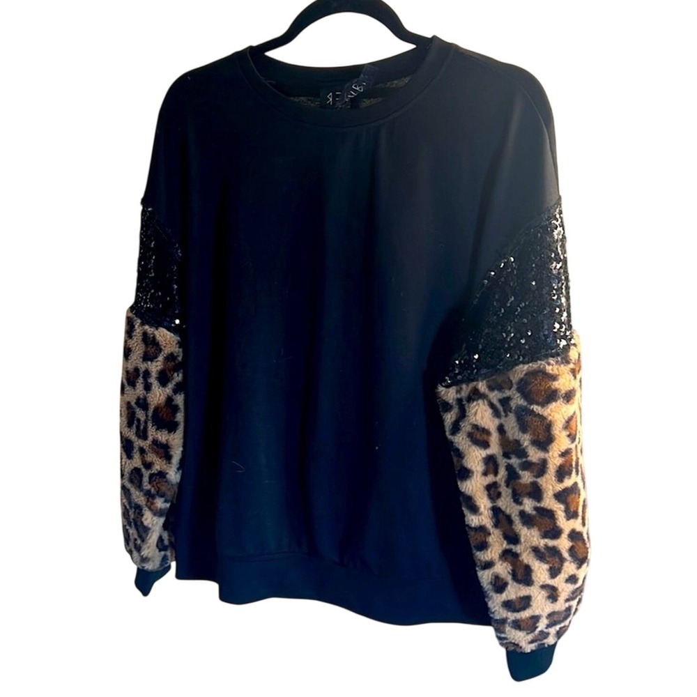 REHAB Womens Sequin Leopard Faux Fur Sweatshirt Sweater Small Black Pullover
